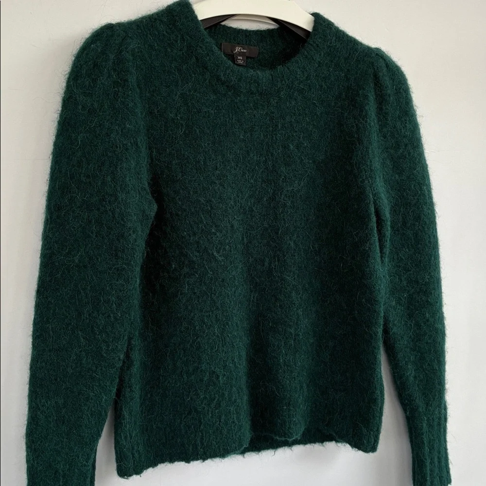 J. Crew Puff Sleeve Fuzzy Crewneck Sweater In Old Forest Alpaca Merino Blend XS